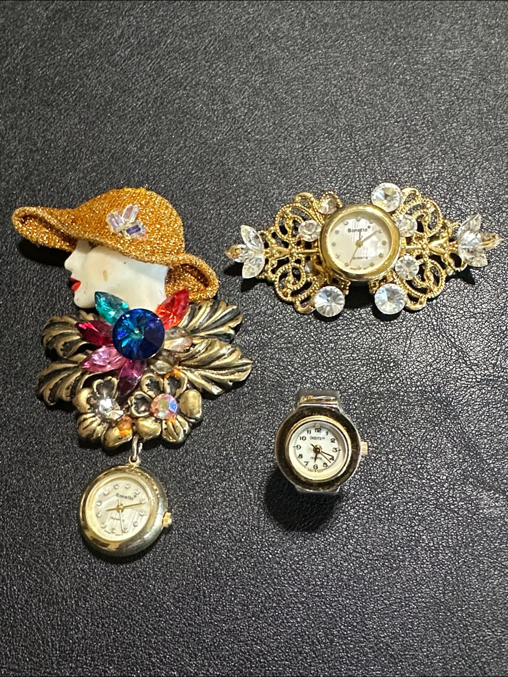 Bonetto Vintage Gold Tone 1980’s Ring Brooch Watch Bundle